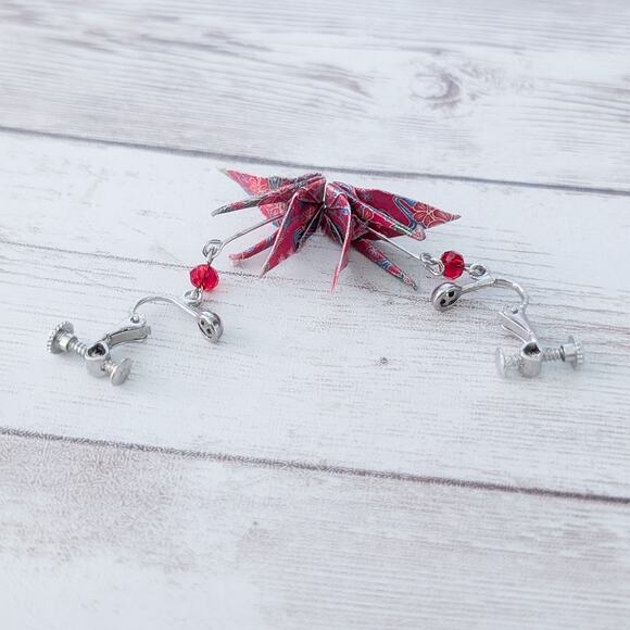 Vintage Clip On Earrings Origami Crane Dangle Earrings - Picture 13 of 15